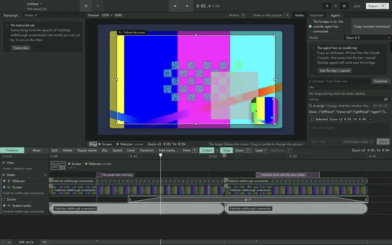 The editor’s window in its dark scheme: the preview in the middle, the timeline under it and the agent’s pane at the right.