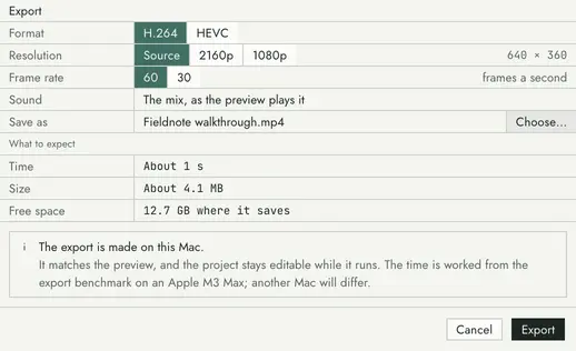 The export sheet: the format, the resolution and the frame rate to choose, and under them what to expect: the time, the size and the free space.