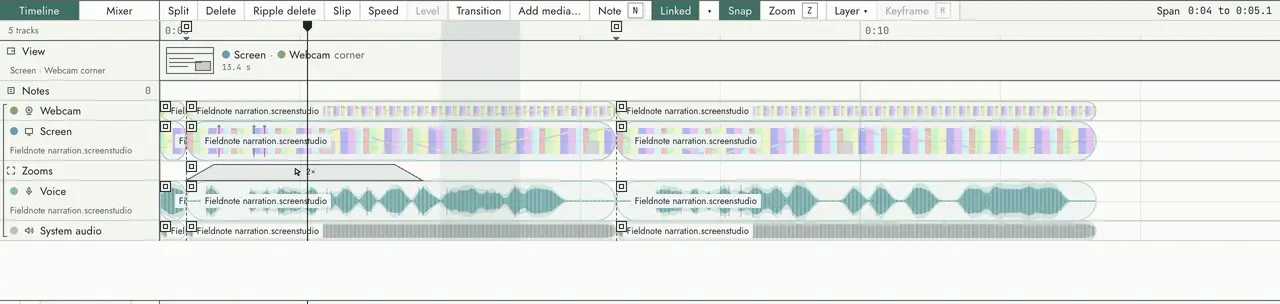 The editor’s timeline: lanes for the view, notes, the webcam, the screen, zooms, the voice and system audio, with clips along each.